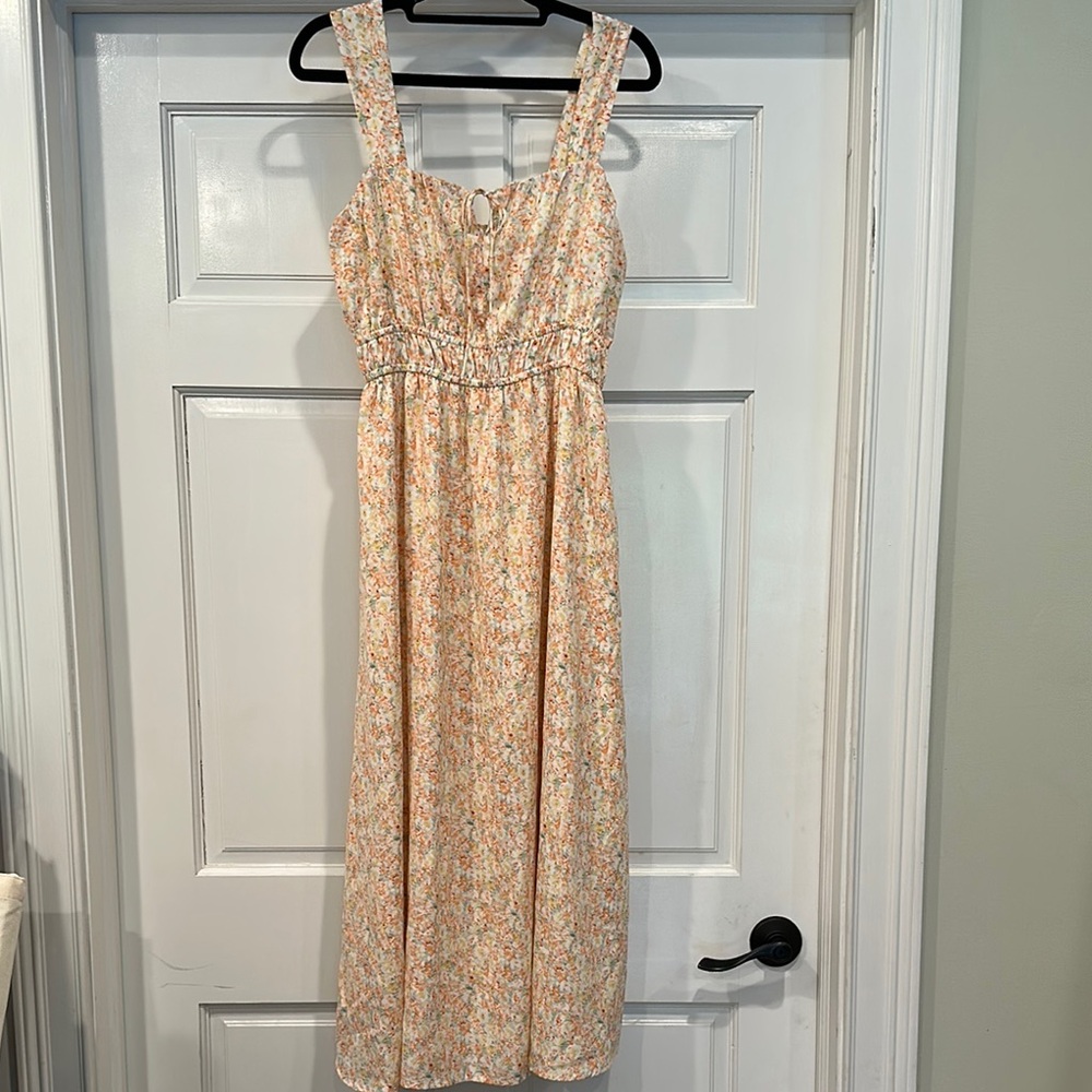 Skies Are Blue Orange and Cream Floral Midi Dress